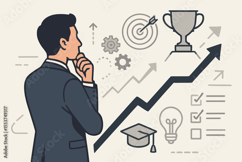 Businessman contemplating career growth, planning professional development, success strategy, leadership, achievement, goal setting, innovation, education, trophy, upward graph, vector illustration