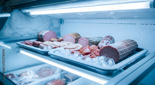 Assortment Of Cold Cuts Salami On Display In Refrigerator At Butcher Shop