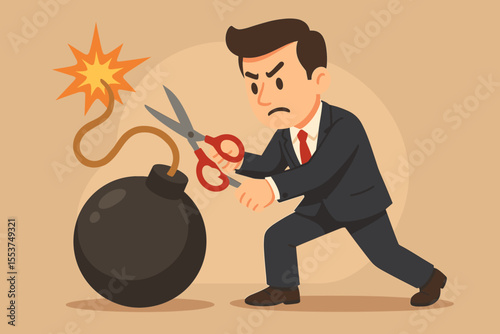 Businessman cutting bomb fuse with scissors. Metaphor for economic crisis, risk management, and financial pressure. Solving problems, managing debt, and avoiding disaster concept.