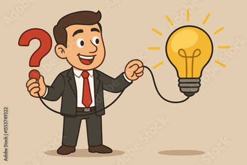 Businessman connecting question mark to lightbulb. Problem solving and solution concept. Creative idea and innovation metaphor for business success. Vector cartoon character illustration.