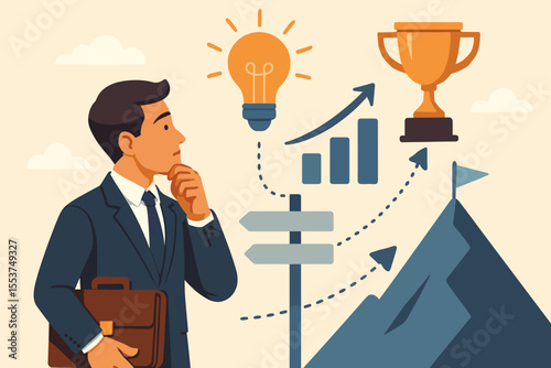 Businessman planning career path and professional growth, contemplating success strategy, leadership development, decision making, goal achievement, innovation, ambition, vector illustration