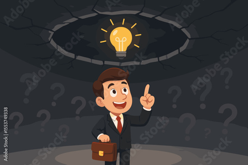 Business solution concept. Cartoon businessman escapes a dark cave of problems by finding a lightbulb idea. Metaphor for creative thinking, innovation, strategy and opportunity.