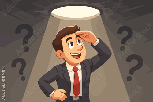 Businessman finding a solution to problems. Hopeful character looking up at a light of hope. Business metaphor for overcoming challenges, finding opportunity, and future success. Vector cartoon.