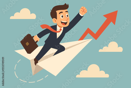 Businessman flying on a paper plane, a metaphor for a successful startup launch and business growth. Career development concept with an ambitious entrepreneur soaring upwards with an arrow graph.