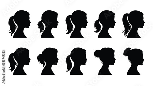 Women's Hairstyle Silhouettes Set – 10 Minimalist Black Profile Icons on White Background