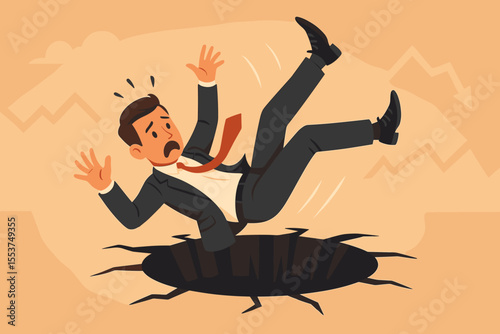 Businessman falling into a pitfall hole, a metaphor for financial crisis, stock market crash, and recession. Vector concept of bankruptcy, economic loss, debt, and business failure.
