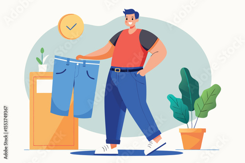 Young man excitedly holding over-sized pants as a symbol of successful weight loss journey at home with plants around in the afternoon light