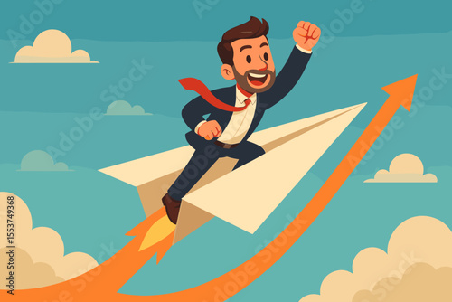 Successful entrepreneur flying paper plane with fiery propulsion, symbolizing startup business growth, innovation, and career success. Vector cartoon illustration of ambition, progress.