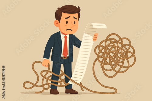 Overwhelmed businessman with a long to-do list and tangled rope. Concept of stress, complex problems, and workload. Metaphor for professional burnout and chaos. Vector illustration.