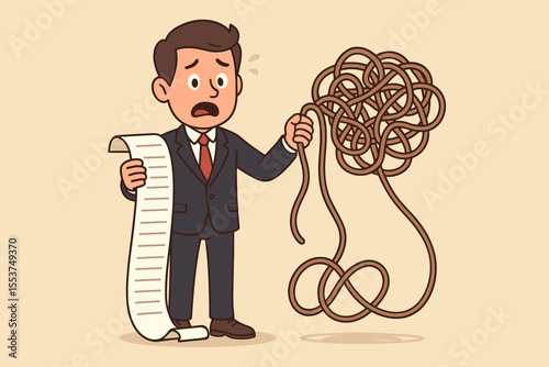 Stressed businessman character overwhelmed by a long to-do list and a tangled mess of rope. A business concept metaphor for workload, chaos, complexity, and project management problems.