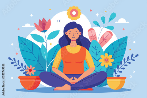 Woman relaxing in a serene garden setting with colorful flowers and plants, practicing mindfulness during a sunny day