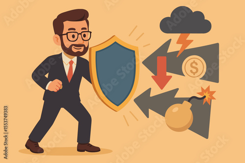 Businessman with a shield protects from financial risks and economic crisis. Concept of insurance, risk management, investment security, asset protection, wealth defense and stability.