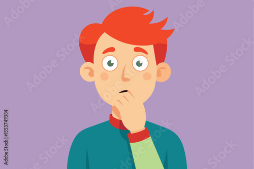 Confused red-haired person pondering a difficult question while showing visible signs of anxiety in a simple indoor setting