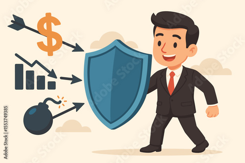 Businessman with shield protecting from financial risk. Metaphor for business insurance, money security, investment safety. Concept of defense against economic crisis, recession, bomb.