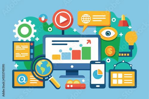 Explore the world of search engine marketing with PPC advertising strategies and digital analytics in a colorful workspace setting