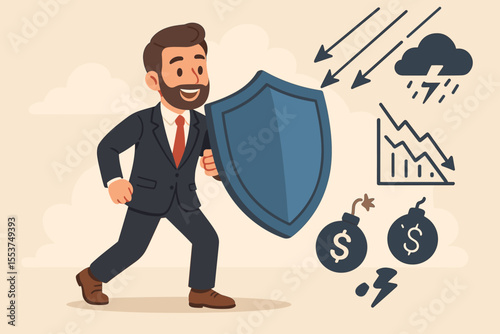 Businessman with shield protecting investment from financial risk. Concept of insurance, security, and support against economic crisis, recession, debt bombs, and market crash.