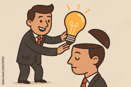 Businessman inserting light bulb of innovation into open human head, symbolizing business creativity, idea sharing, knowledge transfer, mentorship, teamwork, leadership, and creative thinking