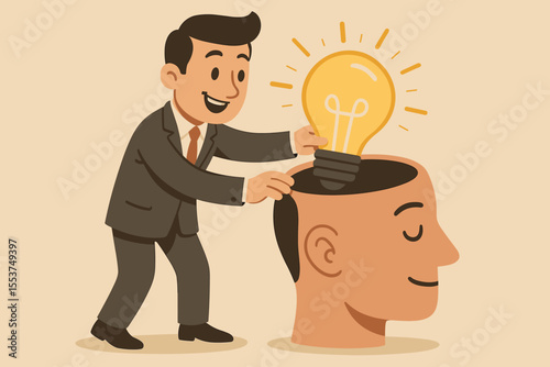 Businessman inserting light bulb into open human head, symbolizing creativity, innovation, business ideas, knowledge sharing, inspiration, teamwork, leadership, cartoon vector illustration