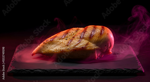 Grilled Chicken Breast On A Slate Serving Board With Dramatic Light