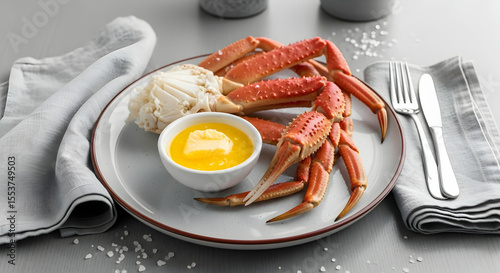 Elegant Plate with Fresh Snow Crab Legs Served with Drawn Butter