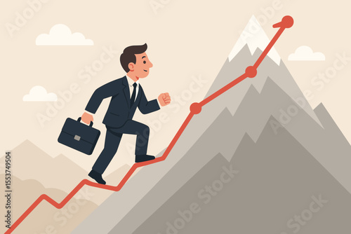 Businessman climbing red growth chart line to mountain peak, career success, achievement, progress, ambition, leadership, business goal, motivation, financial growth, vector illustration