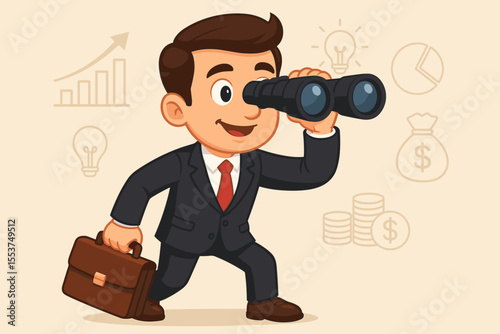 Businessman character with binoculars searching for new business opportunities and investments. Concept of financial vision, strategy, market analysis, future growth and success.