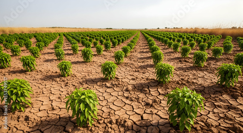 Pepper Plants Grow on Parched Soil Landscape on a Hot Summer Day