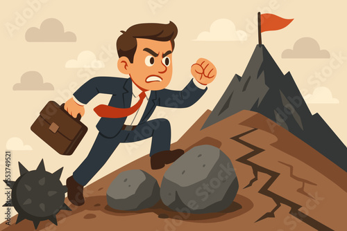 Businessman overcoming challenges and obstacles with determination to reach the goal. Metaphor for ambition, career growth, perseverance, leadership, and success in business.