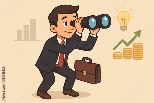 Businessman looking through binoculars, seeking new business opportunities and investments. Concept of financial growth, vision, strategy, success, and forecasting future profit.