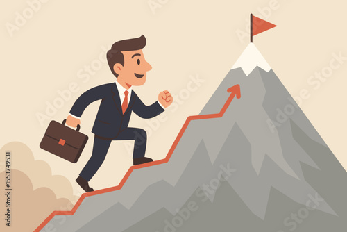 Businessman climbing mountain to success, career growth, achievement, leadership, progress, goal reaching, ambition, motivation, business challenge, vector illustration, upward path, briefcase