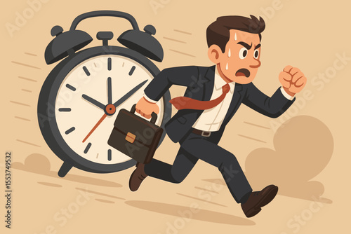Stressed businessman running, racing against a giant alarm clock. Metaphor for time management, work pressure, and meeting aggressive deadlines. Urgency and schedule concept.