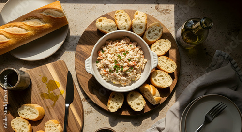 Artisanal Bread Dip With Olive Oil Still Life Arrangement Top View