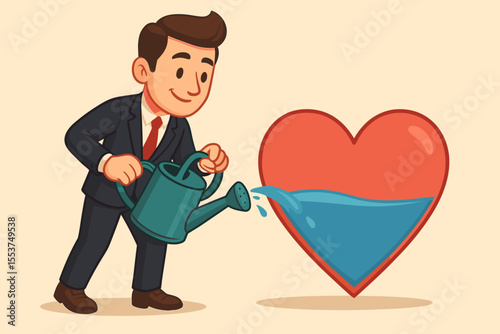 Metaphor for passion in work. Businessman watering a big heart. Concept of motivation, job satisfaction, love for career, self-care, emotional intelligence. Work-life balance.