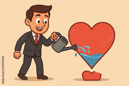 Businessman pouring water to fill a heart. Metaphor for refueling passion, motivation, and love for work. Concept of job satisfaction, dedication, growth, and self-care.