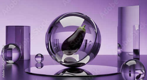 Aubergine Floating In Glass Sphere With Geometric Shapes And Purple Background