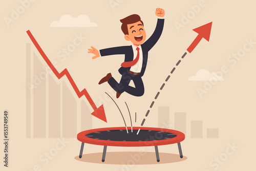 Business recovery concept. Happy businessman bounces on trampoline, rebounding from economic crisis. Manager reversing downward trend graph. Financial success, resilience, growth.