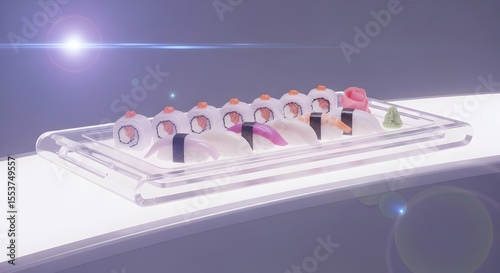 Elegant Sushi Platter Displayed on Modern Acrylic Tray Presentation
