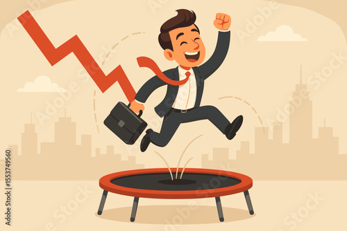 Business resilience metaphor. Happy businessman bouncing back from economic crisis on trampoline. Financial recovery, success after failure, comeback concept. Stock market rebound.