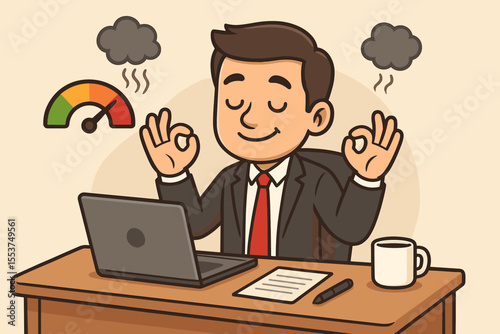 Businessman reducing stress levels at work. Man meditating at office desk for mental health. Concept of mindfulness, calm, relaxation, burnout prevention, and stress management.
