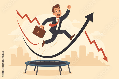 Businessman rebounding from economic crisis concept. Manager jumping on trampoline to reverse downward financial trend arrow into growth. Business success, recovery metaphor.