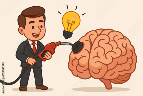 Businessman refilling brain with knowledge. Concept of creative brain power, idea generation, and learning. Man fueling mind with lightbulb idea. Vector cartoon metaphor for innovation.