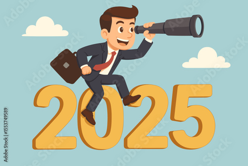 Businessman with telescope riding on 2025, symbolizing new year business vision. Concept for economic forecast, future opportunities, career outlook, and success strategy.