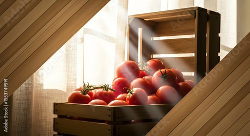 Tomatoes In Wooden Box Surrounded By A Wooden Frame With Sunlight