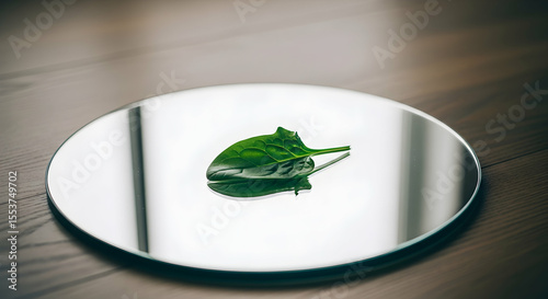Emerald Leaf Reflecting On Circular Glass Surface With Polished Wood Backdrop