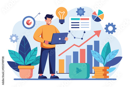 Man analyzes growth data and strategies while holding a laptop with charts and graphs in a modern workspace atmosphere filled with plants and creative elements