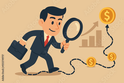 Businessman analyzing money trail with magnifying glass, tracking financial growth, profit path, investment opportunity, corporate success, revenue increase, cartoon vector illustration