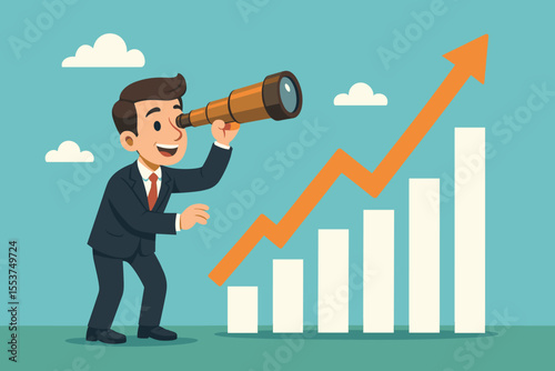 Businessman looking through telescope forecasting financial growth, market trends, profit increase, business analytics, future vision, investment strategy, upward graph, vector illustration