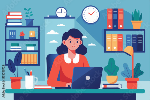 Professional woman working at a modern desk with laptop in a bright workspace featuring shelves and plants during the day