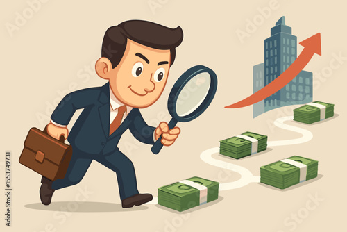 Cartoon businessman with magnifying glass following money trail to company growth, financial success, investment strategy, profit analysis, business opportunity, upward trend, vector illustration