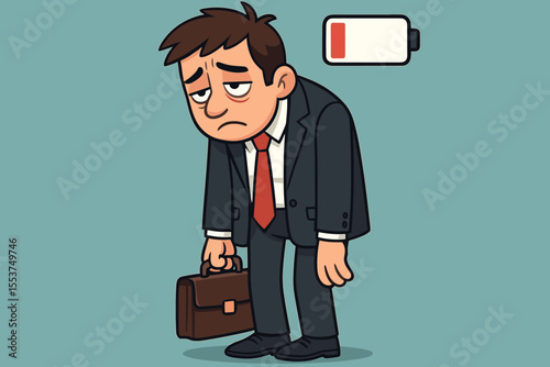 Exhausted businessman low battery icon. Tired office worker burnout. Overworked employee fatigue. Corporate stress. Energy depletion. Workplace exhaustion. Vector cartoon illustration concept.